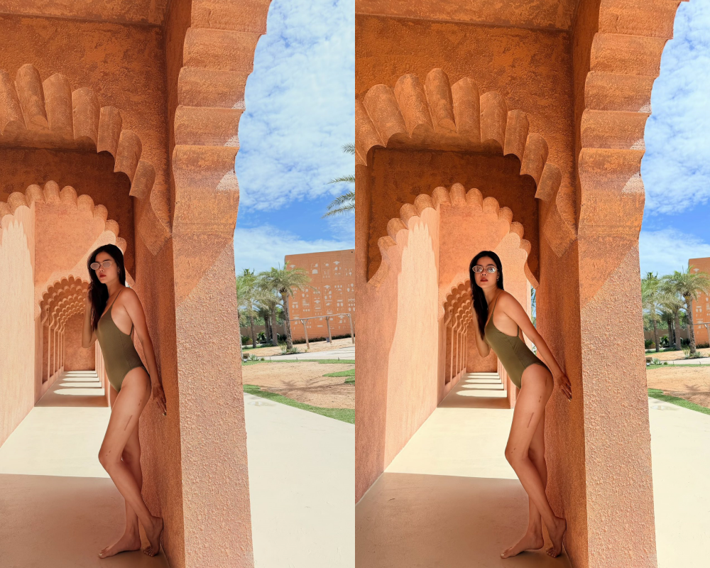 Kỳ Hân tạo dáng tại một hành lang có kiến trúc mái vòm độc đáo, với tông màu cam đất ấm áp, mang hơi hướng Trung Đông hoặc Ma-rốc. Dưới ánh nắng rực rỡ, làn da trắng sáng và thần thái tự tin của nữ siêu mẫu càng thêm nổi bật.