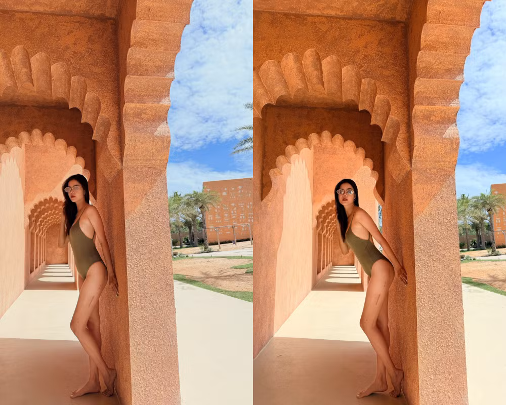 Kỳ Hân tạo dáng tại một hành lang có kiến trúc mái vòm độc đáo, với tông màu cam đất ấm áp, mang hơi hướng Trung Đông hoặc Ma-rốc. Dưới ánh nắng rực rỡ, làn da trắng sáng và thần thái tự tin của nữ siêu mẫu càng thêm nổi bật.