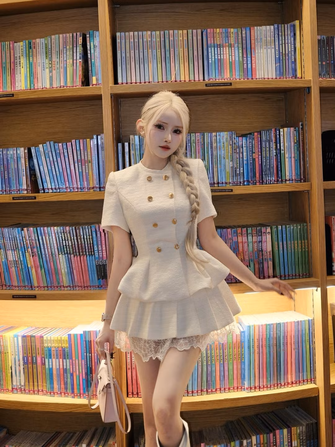 Trong loạt ảnh được chia sẻ, DJ Jenny Yến diện trang phục tông trắng kem trang nhã, thiết kế dáng váy ngắn xếp tầng kết hợp chi tiết cúc kim loại tạo điểm nhấn hiện đại.