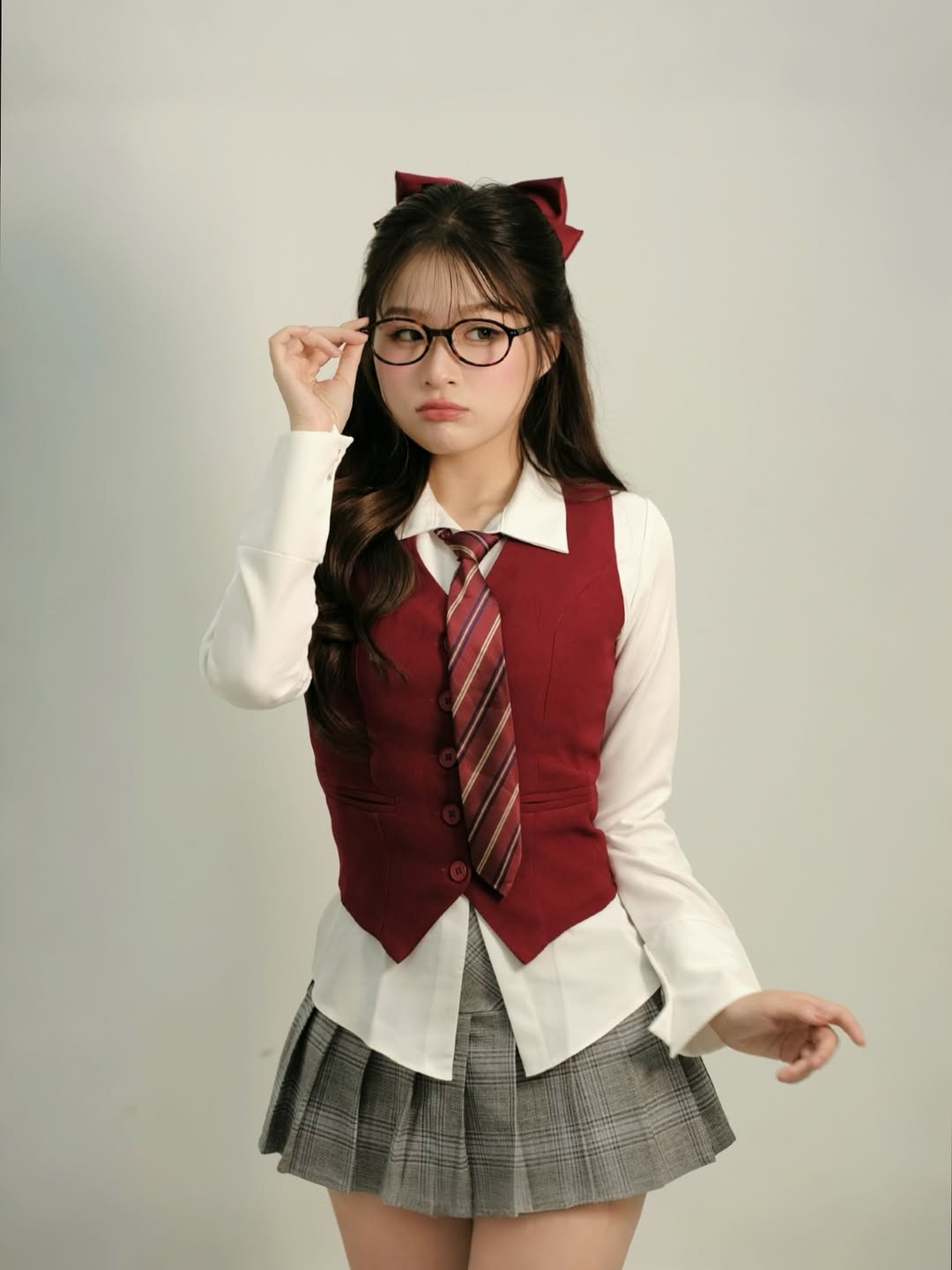 Trong loạt ảnh được chia sẻ, Chao diện trang phục nữ sinh quen thuộc nhưng được cách điệu tinh tế, làm nổi bật vóc dáng chuẩn mực và những đường cong gợi cảm.