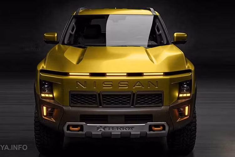 Các chi tiết bao gồm dải đèn LED mảnh chạy ngang đầu xe và dòng chữ NISSAN cỡ lớn dập nổi. Ngoài ra, hình ảnh thân xe từ góc nhìn bên hông cũng hé lộ dáng xe vuông vức, mang tỷ lệ đặc trưng của một mẫu SUV truyền thống.