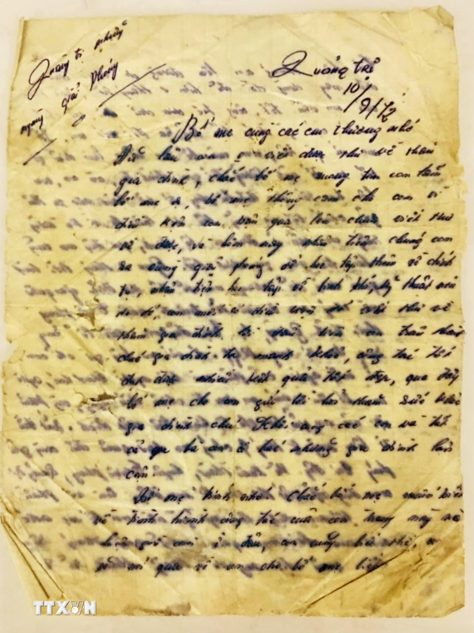 Bức di thư cuối của liệt sỹ Trần Văn Trường. (Ảnh: TTXVN phát)