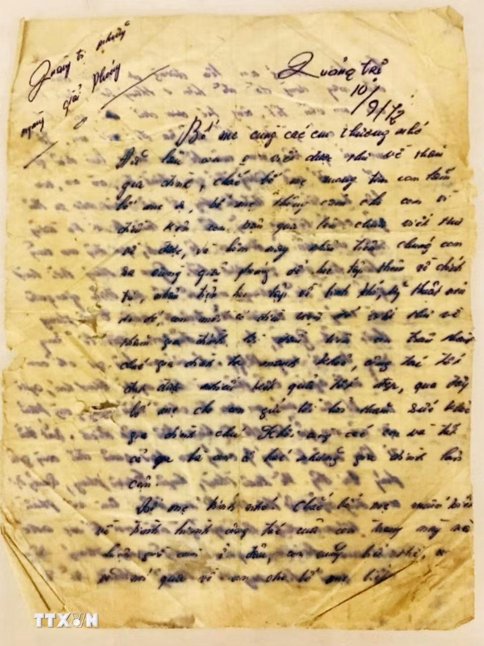 Bức di thư cuối của liệt sỹ Trần Văn Trường. (Ảnh: TTXVN phát)