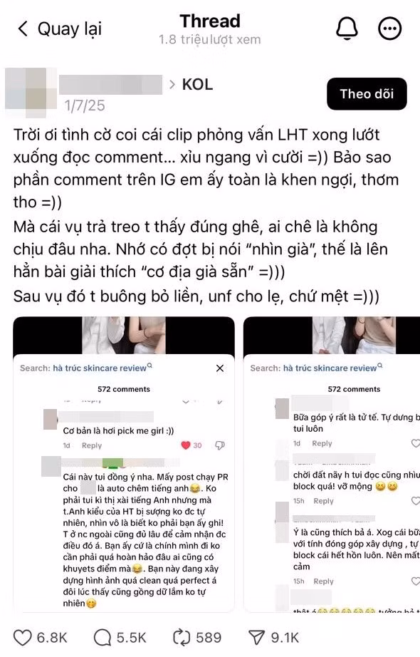 Gần đây, blogger Lê Hà Trúc bất ngờ bị “réo tên”, nhận các ý kiến trái chiều trong một số bài đăng trên các nền tảng MXH. Trong đó, một bài đăng đầu tiên được cho là "nguồn cơn" của mọi việc đã xuất hiện từ ngày 1/7 trên Threads nhưng đến hiện tại vẫn thu hút rất nhiều lượt xem và bình luận.