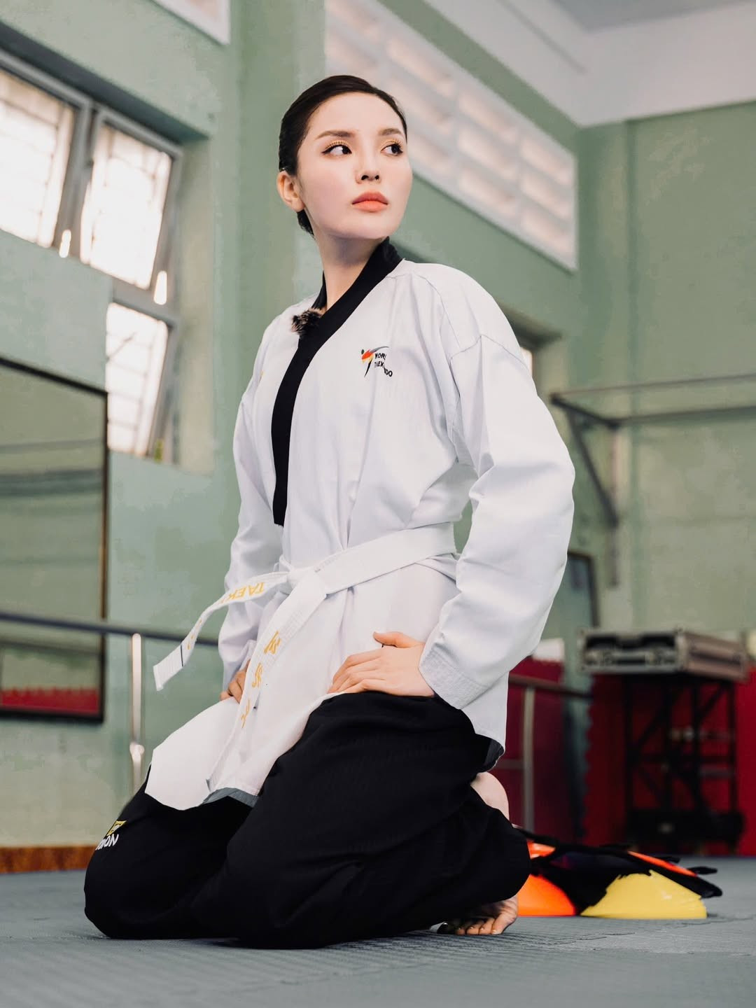 Trong bộ võ phục gọn gàng, Hoa hậu Việt Nam 2014 thực hiện những động tác đá cao, ra đòn dứt khoát và chuẩn xác. Gương mặt tập trung cao độ, ánh mắt sắc sảo cùng thần thái quyết đoán giúp Kỳ Duyên ghi điểm mạnh mẽ.