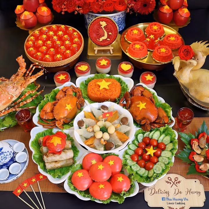 Không chỉ là sự bày biện đẹp mắt, mỗi mâm cỗ mang biểu tượng của Tổ quốc còn gửi gắm tình yêu quê hương, niềm tự hào về đất nước Việt Nam. Ảnh: Vũ Thu Hương