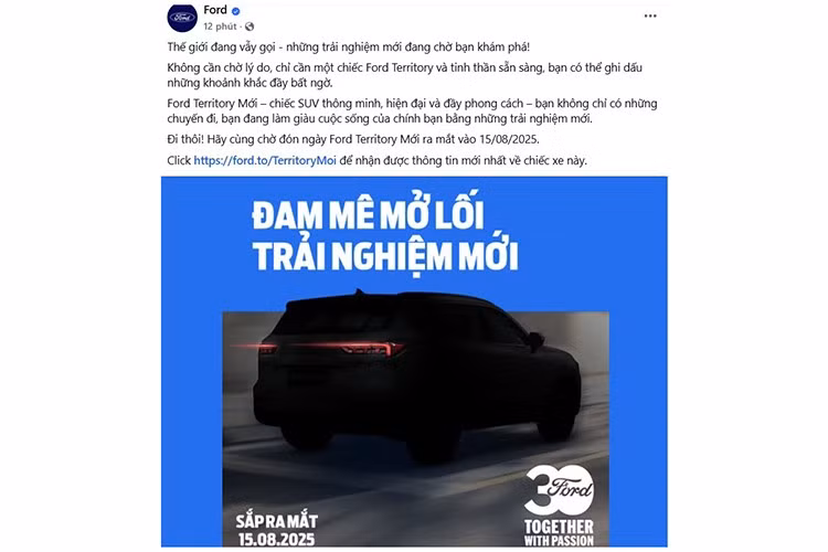 Mới đây, Ford Việt Nam đã tung hình ảnh hé lộ phiên bản nâng cấp giữa vòng đời của mẫu SUV hạng C Territory. Dự kiến, xe sẽ chính thức ra mắt vào ngày 15/8 tới, đúng dịp kỷ niệm 30 năm thương hiệu có mặt tại thị trường Việt Nam.