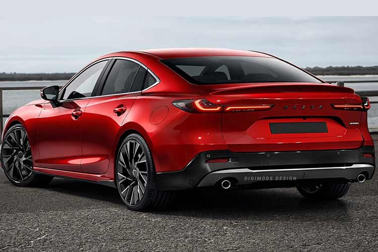Phần đuôi xe Mazda6 thế hệ mới mang phong cách coupe với cánh gió đuôi dạng ducktail, đèn hậu mảnh, bộ khuếch tán thể thao cùng các đường nét bo tròn mượt mà. Màu đỏ đặc trưng của Mazda được sử dụng để tăng tính nhận diện thương hiệu và tạo cảm giác mạnh mẽ, năng động.