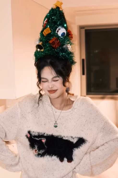 Bước cuối cùng là trang trí dây kim tuyến, bóng nhỏ, đèn nháy mini, thậm chí cả ngôi sao gắn trên đỉnh. Thành phẩm trông chẳng khác nào một chiếc mũ Giáng sinh phiên bản độc lạ mà ai nhìn cũng phải bật cười thích thú.