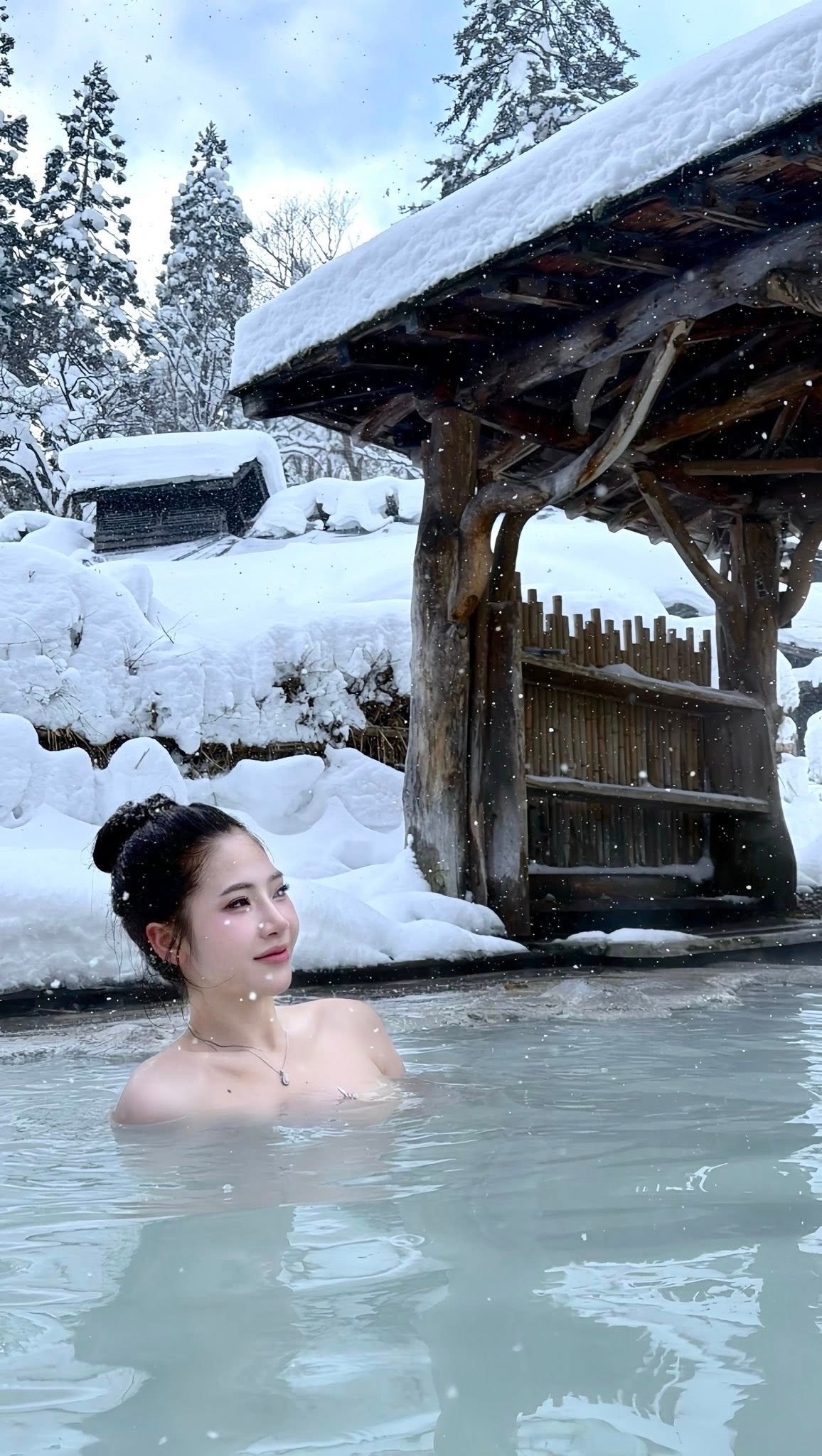 Không chỉ đơn thuần là chụp ảnh giữa trời lạnh, cô nàng hot girl có tên Hồ Khánh Huyền còn ngâm mình trong làn nước nóng ngoài trời, xung quanh là tuyết rơi dày đặc, mái nhà gỗ phủ trắng và khung cảnh thiên nhiên cực kỳ khắc nghiệt. Sự tương phản giữa làn da mịn màng, gương mặt thanh tú với khung cảnh băng giá xung quanh tạo nên một tổng thể đẹp đến mức… phi thực tế.