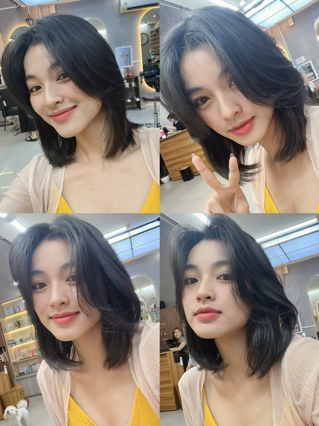 Phần mái rẽ mềm mại ôm lấy gương mặt giúp Lan Thy tôn lên các đường nét thanh tú, đồng thời mang đến cảm giác hiện đại, trẻ trung.