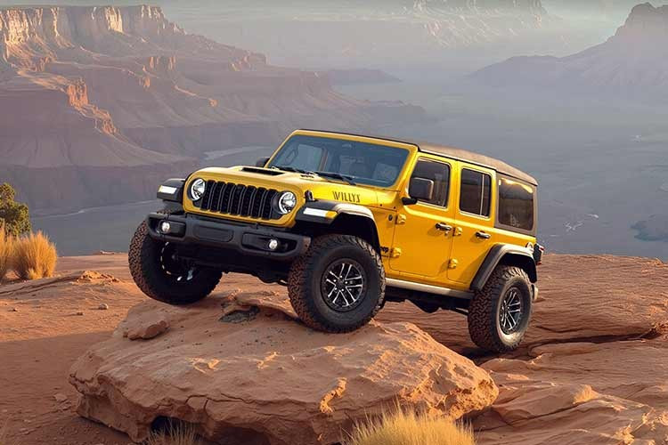 Ngoại hình Wrangler ấn tượng với cản thép, đèn LED, nắp capo có khe hút gió. Khoảng sáng gầm 282 mm, gói kéo Trailer Tow trang bị tiêu chuẩn, decal nắp capo Willys và hoạ tiết 4WD hoài cổ. Xe còn có thanh bảo vệ đá và bộ mâm 17 inch tích hợp beadlock kết hợp lốp BF Goodrich KO2 35 inch.