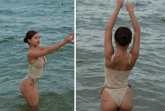 Louis Phạm cũng khéo léo tạo dáng vừa quyến rũ vừa tinh tế, khoe vóc dáng đồng hồ cát cùng nụ cười rạng rỡ đúng chất "hot girl mùa hè".