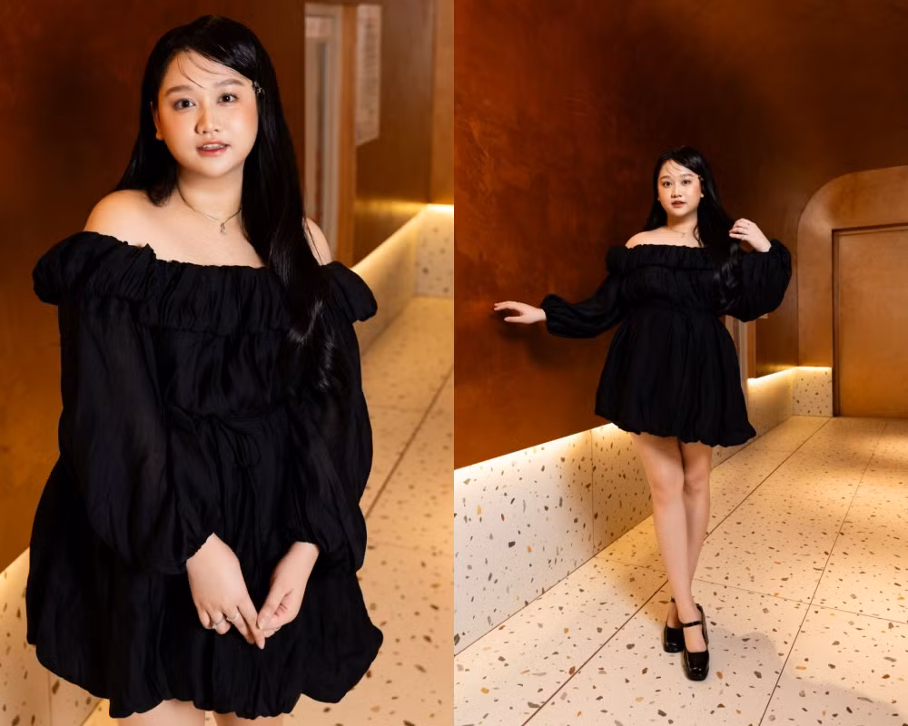 Diễn viên phối đầm phom rộng đồng điệu với giày cao gót.