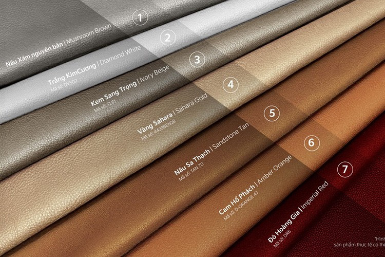 Các màu sắc bao gồm; Đỏ Hoàng gia - Imperial Red, Trắng Kim Cương - Diamond White, Kem Sang trọng - Ivory Beige, Vàng Sahara - Sahara Gold, Nâu Sa thạch - Sandstone Tan, Cam Hổ phách - Amber Orange.