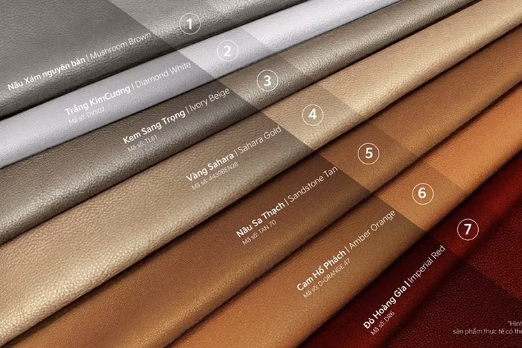 Các màu sắc bao gồm; Đỏ Hoàng gia - Imperial Red, Trắng Kim Cương - Diamond White, Kem Sang trọng - Ivory Beige, Vàng Sahara - Sahara Gold, Nâu Sa thạch - Sandstone Tan, Cam Hổ phách - Amber Orange.