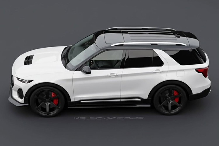 Ở bản vẽ này, Ford Explorer sở hữu phần đầu xe hoàn toàn mới với cụm đèn trước dạng LED hai tầng, lưới tản nhiệt góc cạnh, cản trước mở rộng và hốc hút gió lớn.