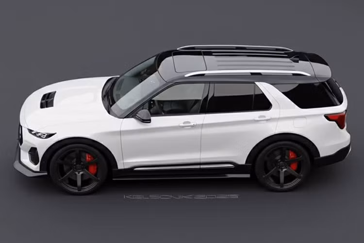 Ở bản vẽ này, Ford Explorer sở hữu phần đầu xe hoàn toàn mới với cụm đèn trước dạng LED hai tầng, lưới tản nhiệt góc cạnh, cản trước mở rộng và hốc hút gió lớn.