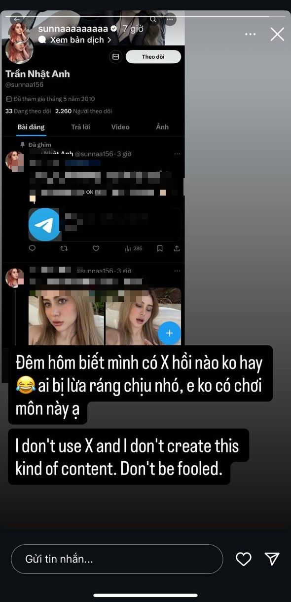 Ngay lập tức, Sunna đã có những động thái cứng rắn để bảo vệ hình ảnh và danh dự của bản thân, đồng thời cảnh báo người hâm mộ không để bị lừa. Cô khẳng định một cách mạnh mẽ và dứt khoát rằng bản thân không hề sở hữu hay sử dụng bất kỳ tài khoản X nào: "Đêm hôm biết mình có X hồi nào không hay. Ai bị lừa ráng chịu nhé, em không có chơi môn này".