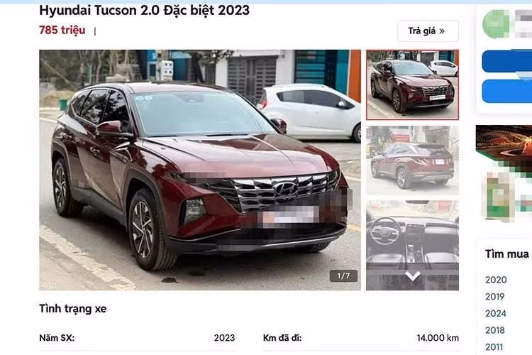 Chiếc Hyundai Tucson 2.0 phiên bản đặc biệt đời 2023 này vừa được rao bán trên sàn xe cũ Hà Nội với mức giá 785 triệu đồng. Theo thông tin từ người bán, xe đăng ký năm 2023, đã lăn bánh khoảng 14.000Km, sử dụng động cơ xăng và hộp số tự động, hiện đang lưu hành tại Hà Nội.