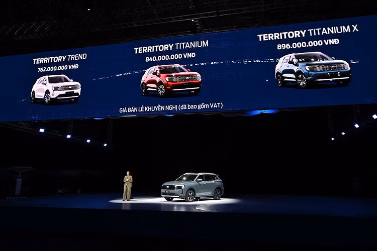 Giá bán chi tiết từng phiên bản Ford Territory 2025 lần lượt: Ford Territory Trend 1.5 AT: 762 triệu đồng Ford Territory Titanium 1.5 AT: 840 triệu đồng Ford Territory Titanium X 1.5 AT: 896 triệu đồng. Xe sẽ được phân phối đến đại lý từ ngày 8/9 và tiếp tục được bảo hành 3 năm hoặc 100.000 km tùy theo điều kiện nào tới trước.