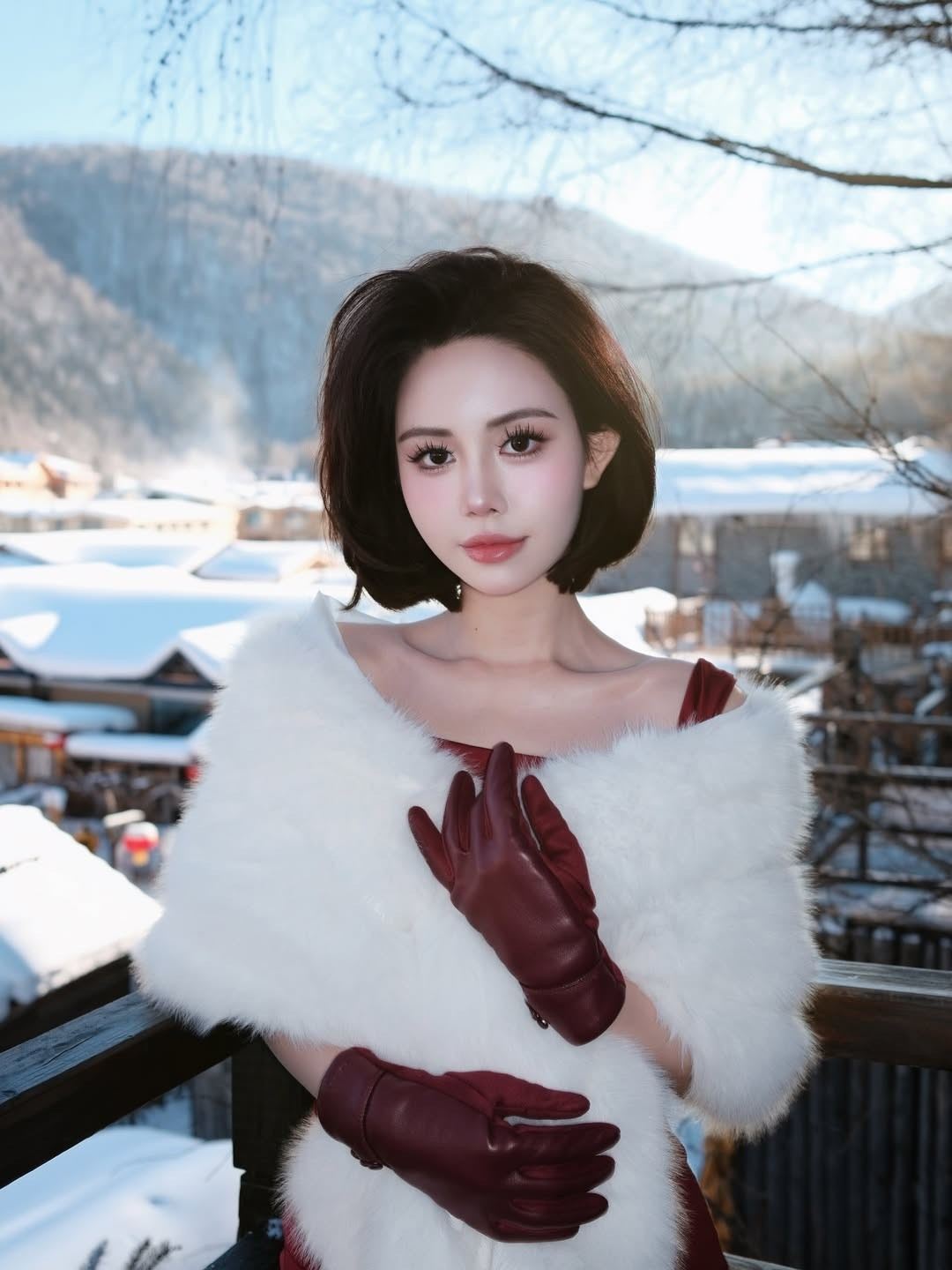 Làn da trắng mịn hài hòa cùng ánh sáng tuyết, đôi mắt to được trang điểm tinh tế giúp thần thái của nàng hot girl thêm phần cuốn hút. Bờ môi cong tự nhiên, sắc môi hồng nổi bật giữa cái lạnh mùa đông càng khiến tổng thể diện mạo trở nên rực rỡ và đầy sức sống.