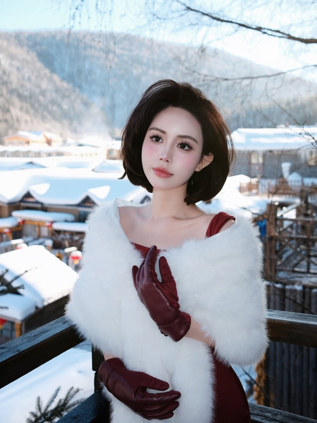 Khoác thêm khăn lông trắng sang trọng và găng tay da đỏ đồng điệu, cô nàng tạo nên vẻ đẹp vừa gợi cảm, vừa thanh lịch và đầy khí chất.