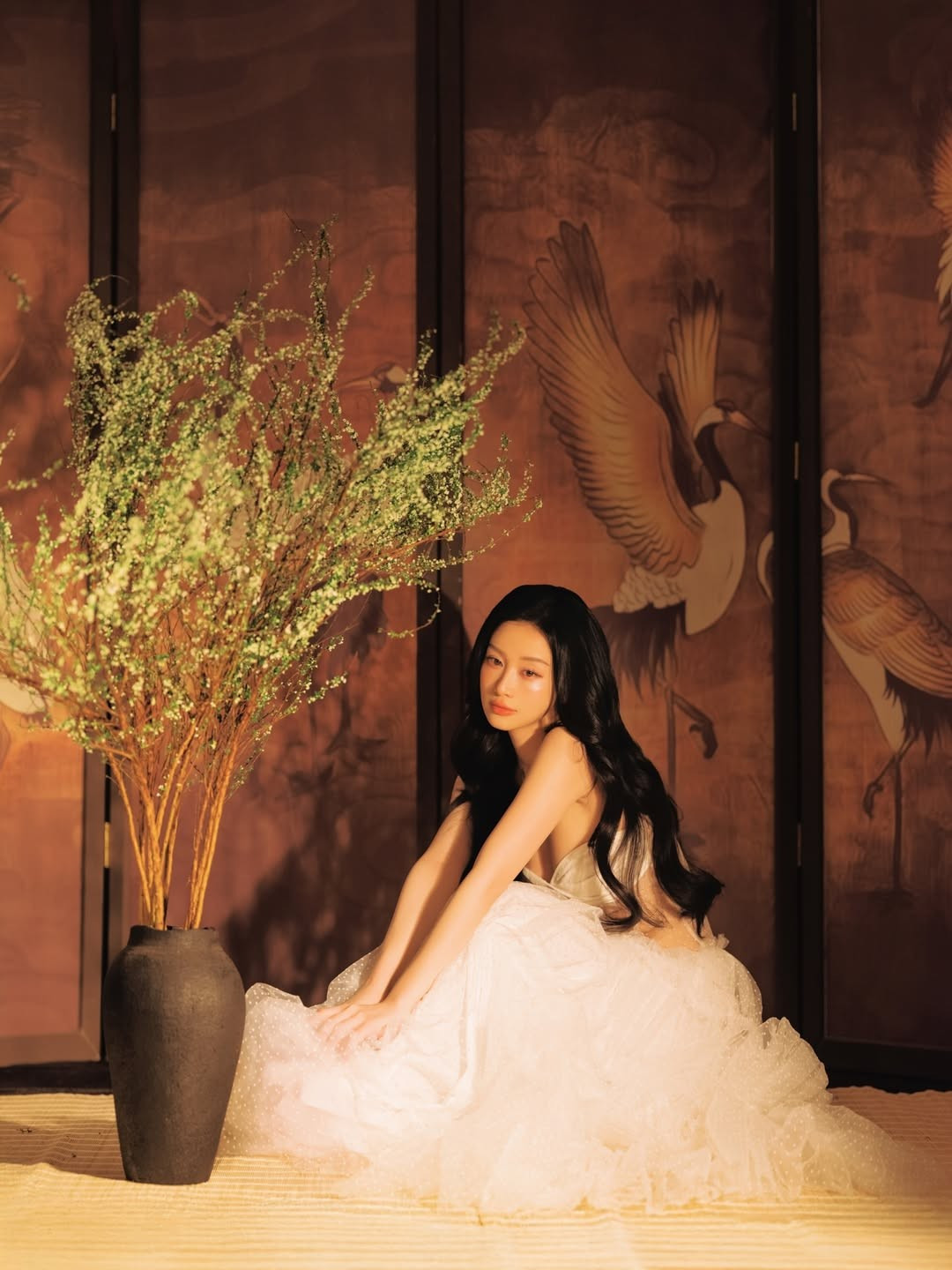 Bối cảnh bộ ảnh cũng góp phần quan trọng trong việc tôn lên nhan sắc của nữ diễn viên. Tông màu nâu trầm và ánh sáng vàng ấm tạo nên không gian đậm chất điện ảnh, gợi cảm giác hoài cổ và sang trọng.