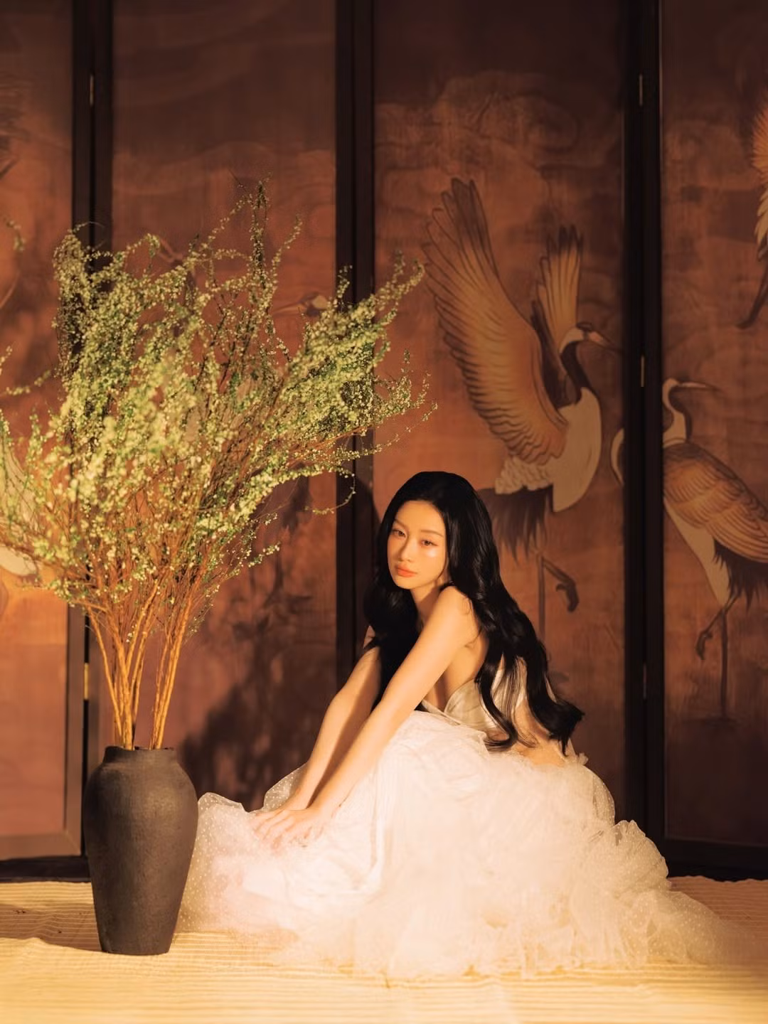 Bối cảnh bộ ảnh cũng góp phần quan trọng trong việc tôn lên nhan sắc của nữ diễn viên. Tông màu nâu trầm và ánh sáng vàng ấm tạo nên không gian đậm chất điện ảnh, gợi cảm giác hoài cổ và sang trọng.