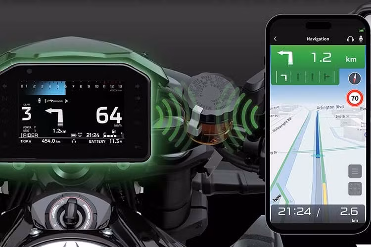 Mẫu xe mới cũng được trang bị màn hình TFT màu 5 inch, có thể kết nối điện thoại thông qua ứng dụng Kawasaki Rideology và cho phép lựa chọn các chế độ lái như Sport, Road, Rain và Rider.