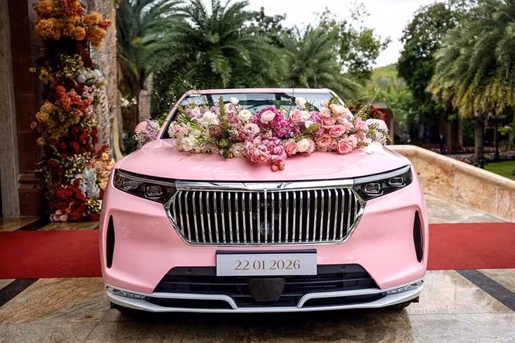 Trong đó, xe đón dâu là một chiếc xe VinFast VF9 mui trần sơn màu hồng phấn đẹp mắt. Bên trong chiếc xe đón dâu này là nội thất bọc da màu đỏ burgundy tạo cảm giác sang trọng và làm nổi bật thêm trang phục của cô dâu, chú rể.