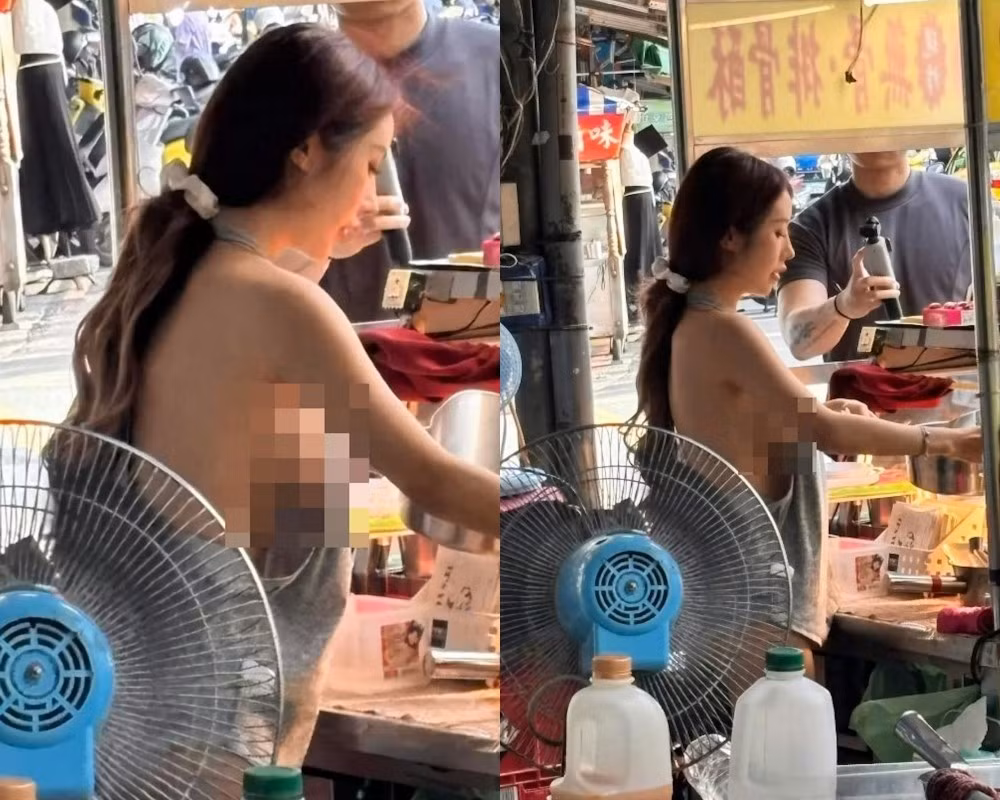 Những bức hình cho thấy cô gái trẻ chỉ mặc chiếc tạp dề mỏng, không hề có áo trong, vừa chế biến sườn chiên vừa nói chuyện với khách, một hình ảnh khiến cả khu chợ phải ngoái nhìn.