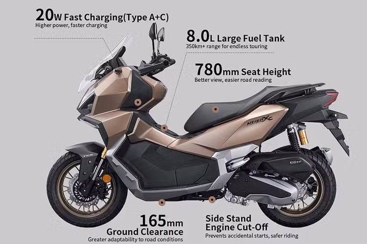 Được sản xuất dưới liên doanh Sundiro - Honda, NS150XC 2026 dù là mẫu xe tay ga phân khối nhỏ nhưng sở hữu nhiều công nghệ độc đáo mà ngay cả nhiều mẫu adventure cao cấp trên 1.000cc hiện tại cũng vắng bóng.