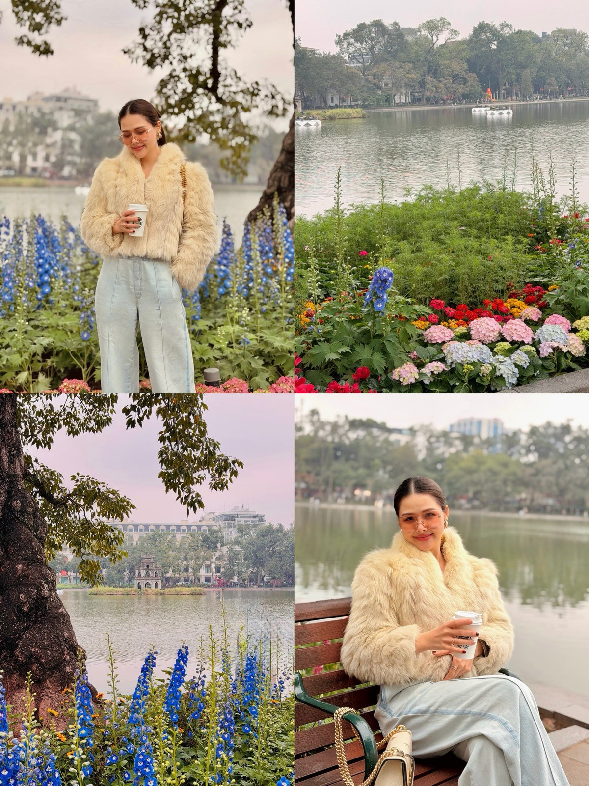 Điểm nhấn trong loạt ảnh mới của Phanh Lee nằm ở thần thái thư thái khi ngồi bên ghế gỗ, tay cầm ly cà phê, ánh mắt dịu dàng hướng ra mặt hồ phẳng lặng.