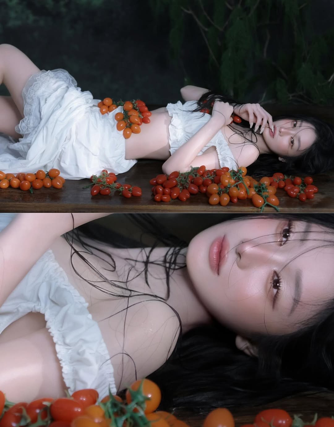 Trong loạt ảnh, Jun Vũ khoe nhan sắc ngọt ngào, tươi tắn và tràn đầy sức sống. Làn da trắng mịn, đôi mắt to tròn và nụ cười rạng rỡ của cô nàng dường như hòa quyện hoàn hảo với sắc đỏ căng mọng của những trái cà chua.