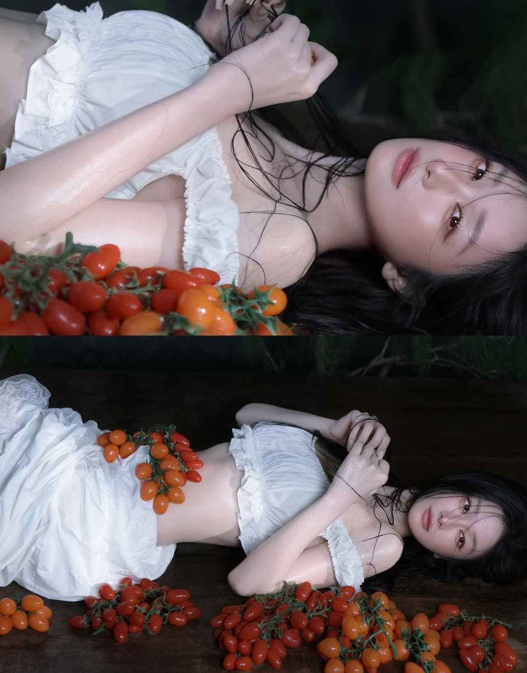 Không còn là những concept lộng lẫy thường thấy, lần này, "nàng thơ" sinh năm 1995 đã chọn những trái cà chua bi nhỏ xinh làm phụ kiện chính, tạo nên một sự kết hợp độc đáo nhưng vô cùng ăn ý.