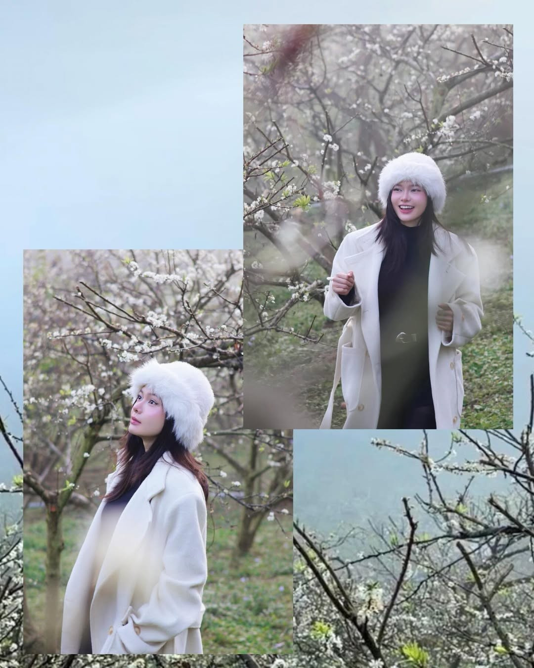 Cách phối đồ tối giản nhưng hiệu quả giúp cô nổi bật giữa không gian ngập tràn sắc trắng của hoa mận. Chiếc mũ lông mềm mại vừa mang lại cảm giác ấm áp giữa tiết trời se lạnh của vùng cao, vừa góp phần tạo điểm nhấn thời trang cho tổng thể.