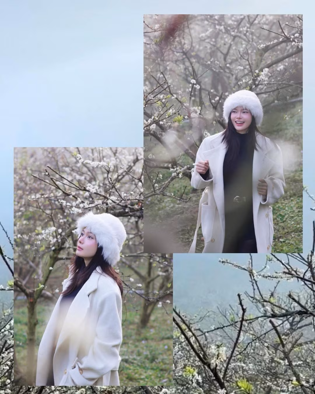 Cách phối đồ tối giản nhưng hiệu quả giúp cô nổi bật giữa không gian ngập tràn sắc trắng của hoa mận. Chiếc mũ lông mềm mại vừa mang lại cảm giác ấm áp giữa tiết trời se lạnh của vùng cao, vừa góp phần tạo điểm nhấn thời trang cho tổng thể.