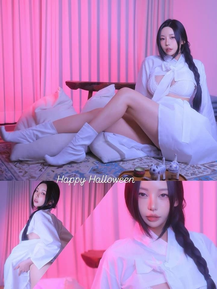 Xuất hiện trong bộ hanbok cách tân màu trắng, Donggeuran tái hiện hình ảnh ma nữ truyền thống theo cách hiện đại và đầy nghệ thuật.