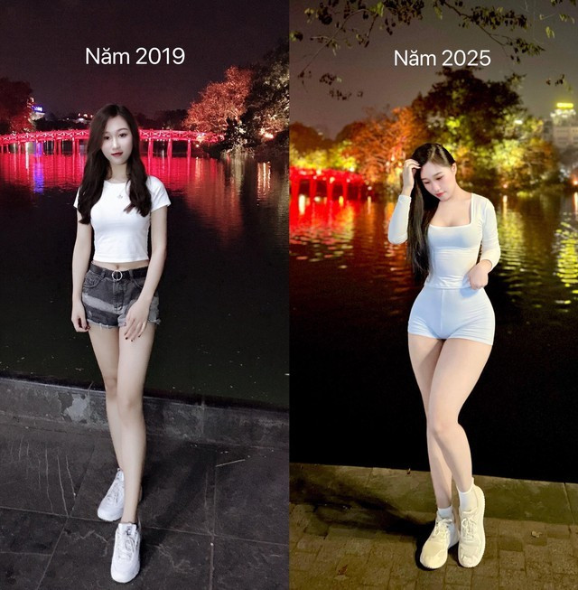 Trong khung hình 6 năm trước, có thể dễ dàng nhận thấy Lệ Đặng sở hữu ngoại hình khá chuẩn cùng gương mặt xinh xắn, nhưng body vẫn chưa đạt đến đỉnh cao fitness. Phần eo hơi mềm, cơ mông và đùi chưa rõ nét. Tuy vậy, đó chính là điểm khởi đầu đầy thực tế cho một sự thay đổi bền vững.