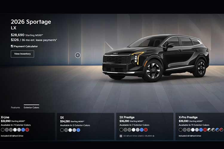 Cụ thể, tùy theo phiên bản, Sportage 2026 có đến 9 lựa chọn tông xám, đen, trắng và 2 bản phối hai tông màu xám – đen. Những khách hàng muốn tìm kiếm sự khác biệt chỉ còn lại ba lựa chọn: Nebular Blue, Runway Red và hai bản hai tông màu kết hợp với mui sơn đen.