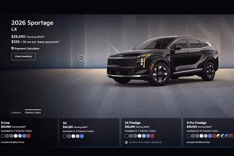 Cụ thể, tùy theo phiên bản, Sportage 2026 có đến 9 lựa chọn tông xám, đen, trắng và 2 bản phối hai tông màu xám – đen. Những khách hàng muốn tìm kiếm sự khác biệt chỉ còn lại ba lựa chọn: Nebular Blue, Runway Red và hai bản hai tông màu kết hợp với mui sơn đen.