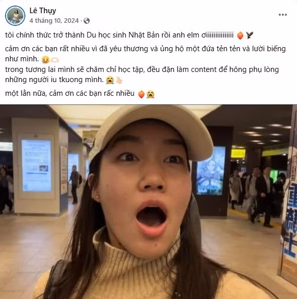 Tháng 10 năm 2024, Lê Thụy thông báo trên trang cá nhân là cô đã chính thức trở thành du học sinh Nhật Bản. Được biết, cô nàng không đi du học đại học hay thạc sĩ mà thay vào đó, cô lựa chọn con đường học tiếng.