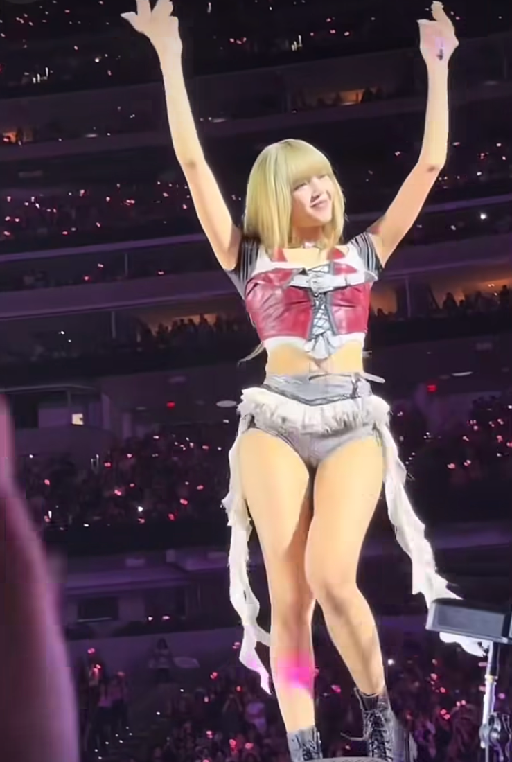 Trong đoạn video lan truyền trên mạng xã hội, Lisa diện áo corset đỏ phối cùng quần short cách điệu, có tua rua hai bên. Thiết kế ngắn cũn và bó sát khiến nữ ca sĩ có những khoảnh khắc hớ hênh dưới ánh đèn sân khấu.