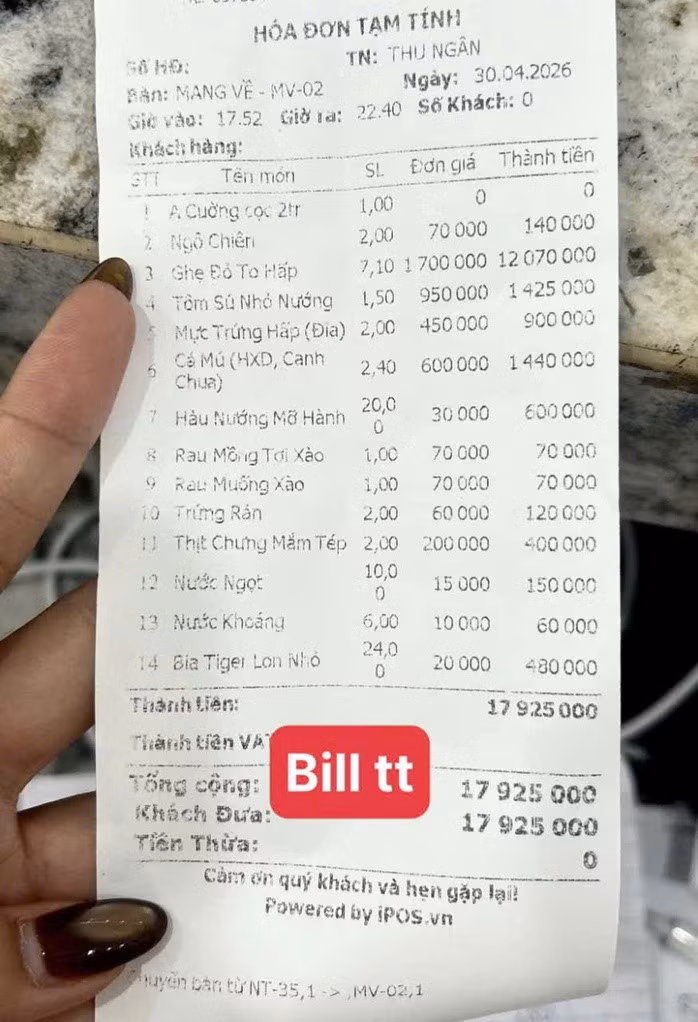 Hóa đơn lan truyền trên mạng xã hội về một bữa ăn gần 18 triệu đồng cho một đoàn khách 24 người ở Sầm Sơn