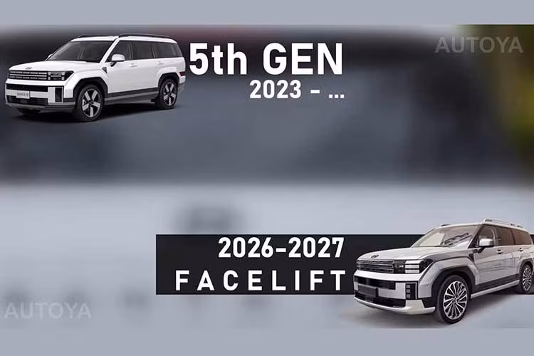 Phía sau xe SantaFe 2027 cũng được làm mới với cụm đèn hậu dạng dọc thay vì nằm ngang như bản hiện tại. Đèn được đặt cao hơn – một chi tiết từng bị phê bình trên phiên bản hiện hành. Những thay đổi này được cho là nhằm nâng cao tính thực dụng cũng như cải thiện thẩm mỹ tổng thể.