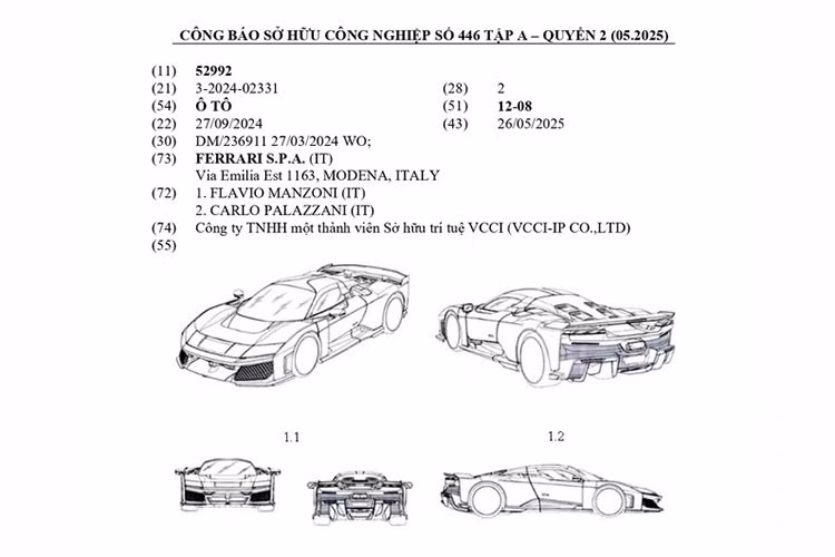 Dữ liệu từ Cục Sở hữu Trí tuệ Việt Nam cho thấy Ferrari mới đây đã đăng ký bảo hộ kiểu dáng công nghiệp cho một mẫu xe thể thao. Qua hình ảnh đính kèm, có thể xác định đây là Ferrari F80 2025 mới - mẫu siêu xe hybrid ra mắt toàn cầu vào tháng 10/2024.