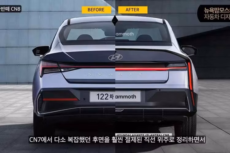 Nếu phiên bản của Hyundai Elantra hiện tại gây ấn tượng với các đường cắt chéo và góc cạnh sắc sảo, Elantra mới chuyển sang phong cách chín chắn hơn nhưng vẫn đậm chất tương lai. Đầu xe nổi bật với dải đèn LED kéo ngang, nối liền cụm đèn chính và lưới tản nhiệt mảnh. Phía dưới là hốc gió hình thang cỡ lớn.