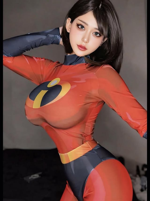 Trong bộ đồ siêu anh hùng đỏ - đen quen thuộc, Kurosakiqi đã biến hình vừa mạnh mẽ vừa gợi cảm.