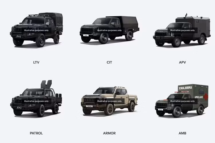 Trên website chính thức của Kia Special Vehicles – bộ phận chuyên phát triển xe quân sự, xe thương mại nhẹ và xe chuyên dụng, hãng xe Hàn Quốc đã công bố hình ảnh của hai mẫu Tasman quân sự: Military Command Vehicle và Military Pickup Truck.